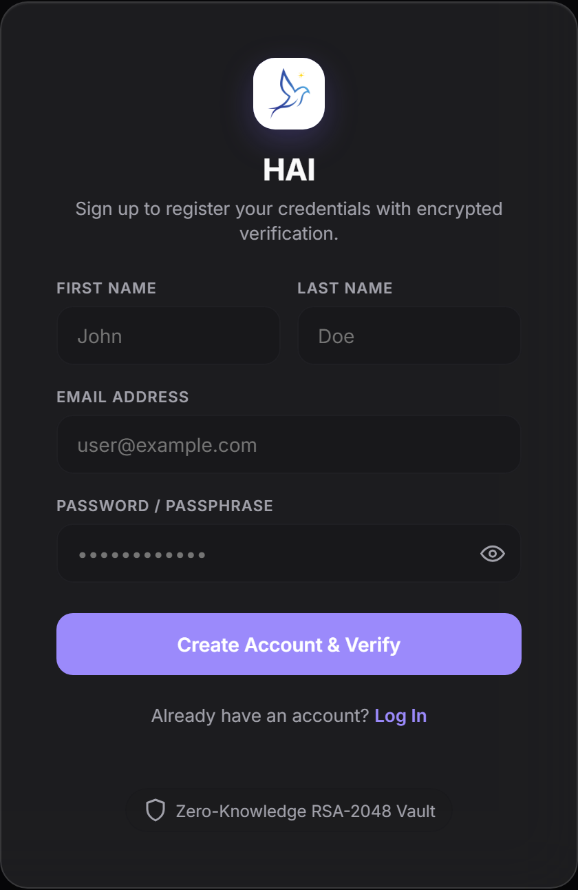 HAI Messenger account creation screen